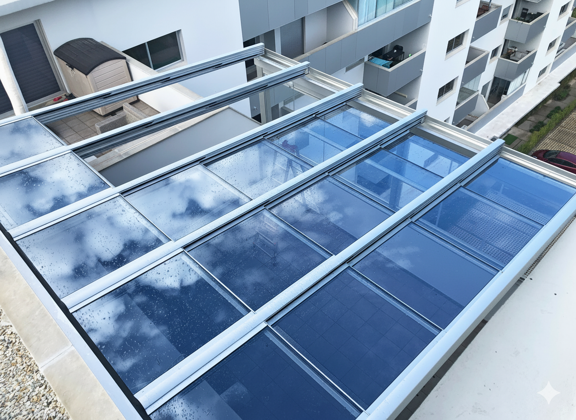 Toit coulissant en verre, installations en verre Acristalia